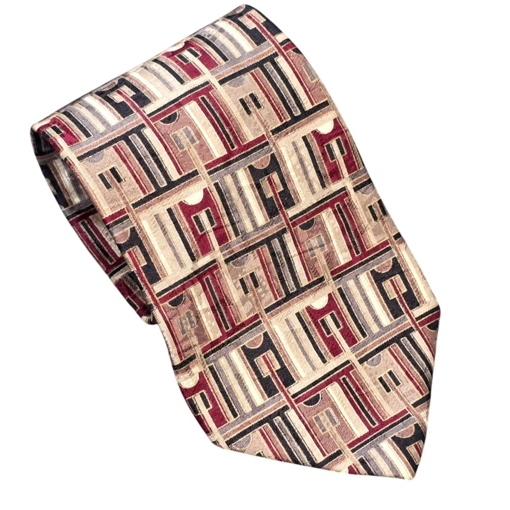 Vintage Gianfranco Ruffini Italy Abstract Silk Tie Men's Burgundy Tan Grey Short